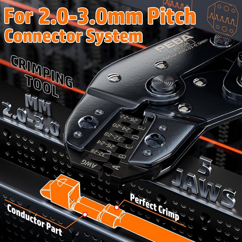 PEBA Micro Connector Pin Crimping Tool 0.03-0.5mm² 32-20AWG Ratcheting Crimper for 2.0mm, 2.5mm, 2.54mm, 3.0mm Pitch JST PH, Dupont, Open Barrel Connectors, D-Sub, suits Molex, JST, JAE - Image 2